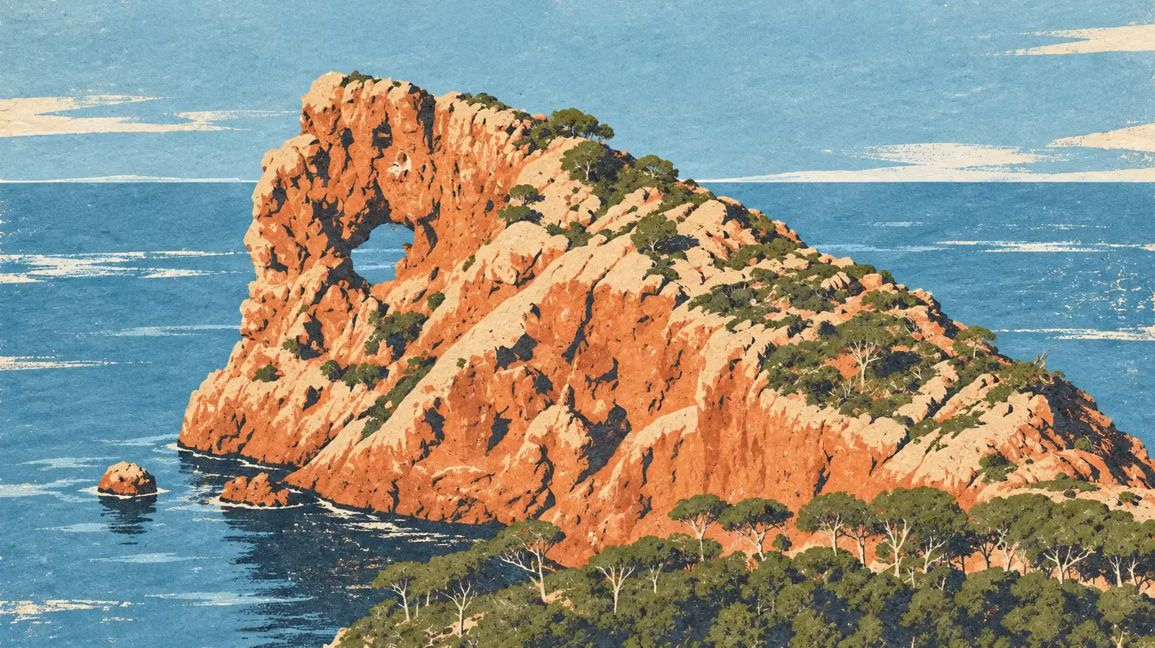 Il·lustració de Sa Foradada, Mallorca, amb el seu arc natural sobre la mar Mediterrània