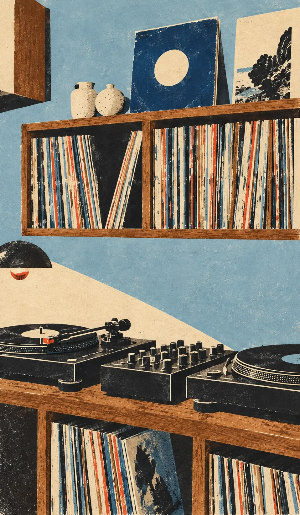 Cabina hi-fi de CAN MULET amb dos tocadiscs Technics, taula rotary i col·lecció de vinils